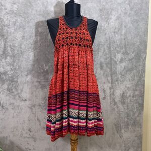 Free People Rare Hearts Orange knit Tunic Dress Crocheted Sleeveless Size M